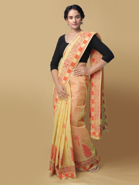Unnati Silks Yellow & Orange Pure Cotton Printed Kota Handloom Saree