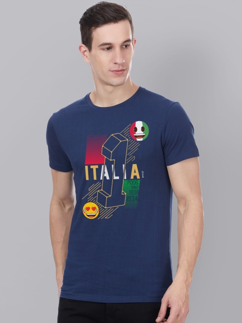 

Free Authority Men Navy Blue Red Emoji Soccer Printed Round Neck Pure Cotton T-shirt