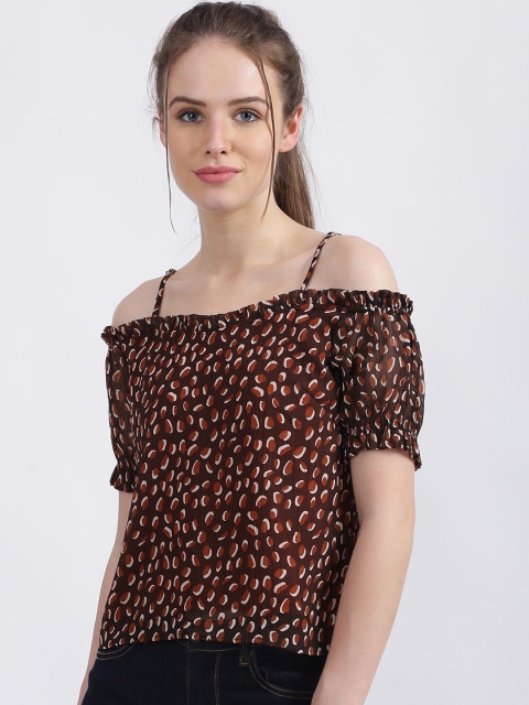

Zink London Brown & White Printed Off-Shoulder Sleeves Bardot Top
