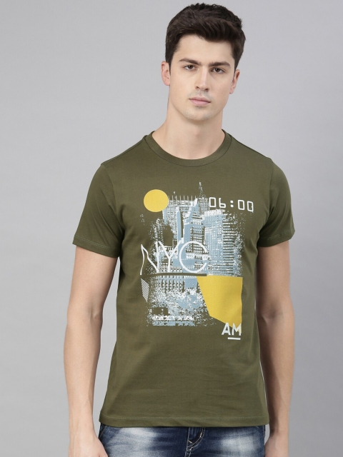 

QUANCIOUS Men Olive Green Printed Henley Neck T-shirt