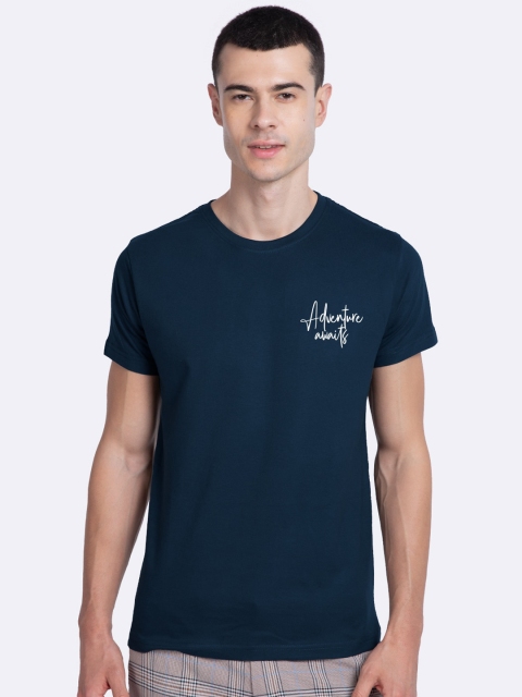 

Bewakoof Men Navy Blue Printed Round Neck Cotton T-shirt