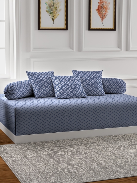 

NEUDIS Set of 6 Blue Hand-Woven Jacquard Cotton Bedsheet With Bolster & Cushion Covers