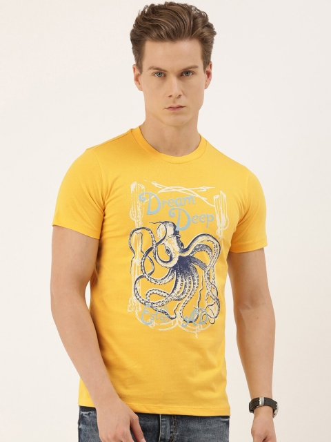 

QUANCIOUS Men Mustard Yellow & Grey Printed Round Neck Organic Cotton Sustainable T-shirt