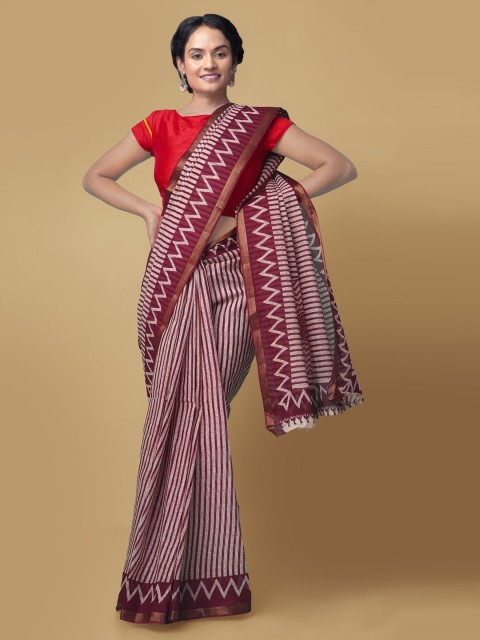 

Unnati Silks Maroon & White Pure Cotton Striped Kota Handloom Saree