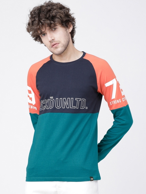 

Ecko Unltd Men Teal Colourblocked Cotton Round Neck T-shirt
