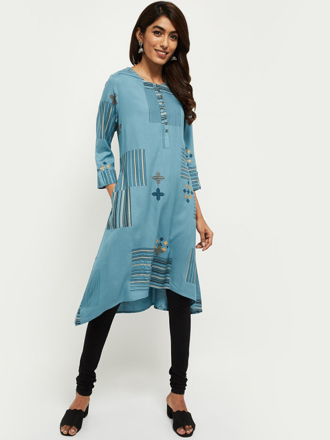 

max Women Blue Geometric Striped Kurta