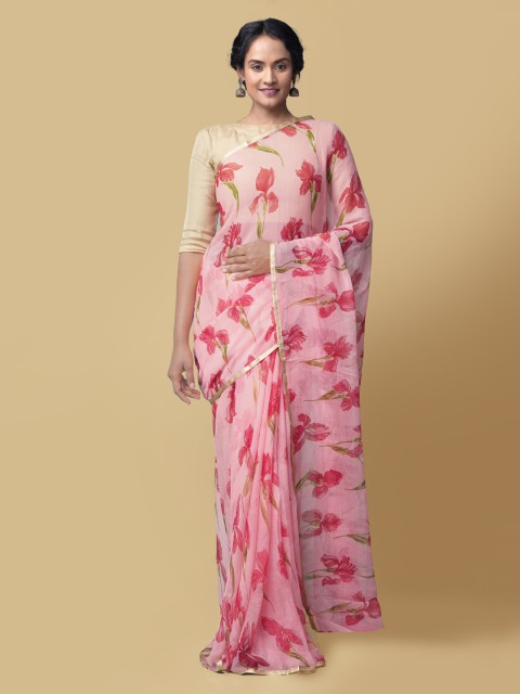 

Unnati Silks Pink Pure Chiffon Floral Printed Bhagalpuri Saree