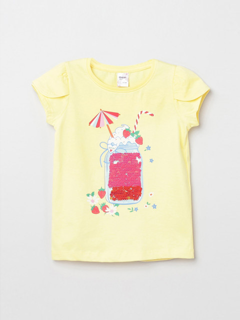 

max Girls Yellow Printed Round Neck Pure Cotton T-shirt