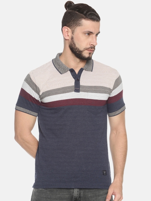 

HALTON HILLS Men Navy Blue & Beige Striped Polo Collar T-shirt
