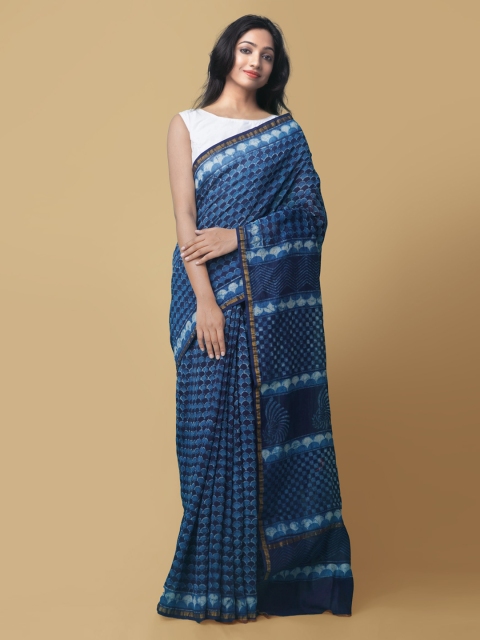 

Unnati Silks Navy Blue & Off-White Silk Cotton Printed Chanderi Handloom Saree