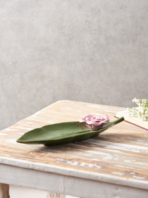 THEDECORKART Green & Pink Leaf Elongated Platter
