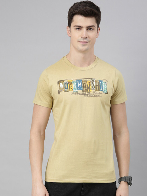 

QUANCIOUS Men Beige & Blue Printed Round Neck Organic Cotton Sustainable T-shirt