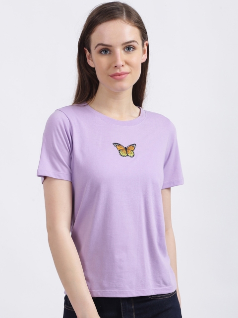 

Zink London Women Lavender Printed Round Neck Pure Cotton T-shirt