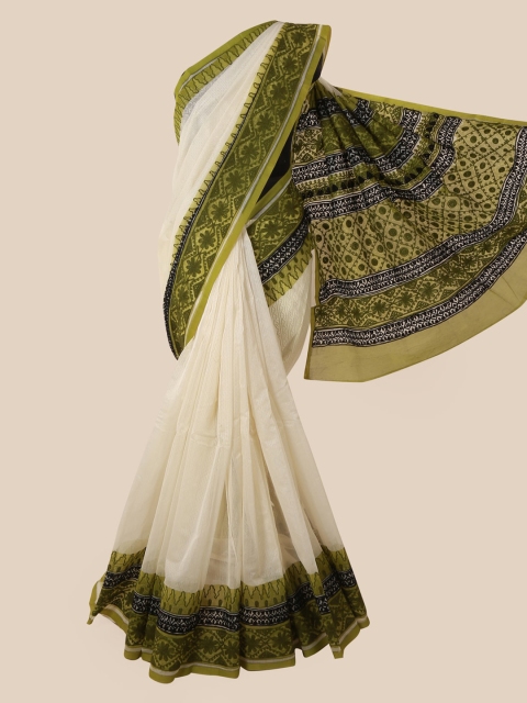 

Pothys White & Green Supernet Printed Saree