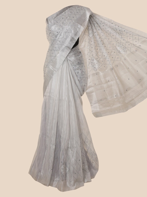 

Pothys Silver-Toned Embroidered Tissue Saree