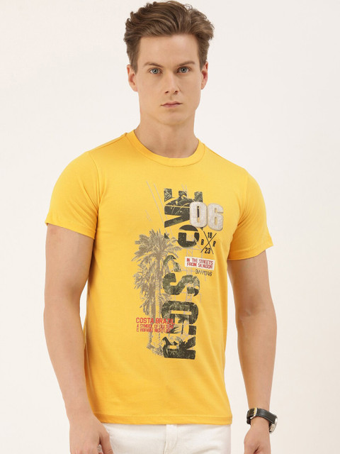 

QUANCIOUS Men Mustard Printed Round Neck Sustainable T-shirt