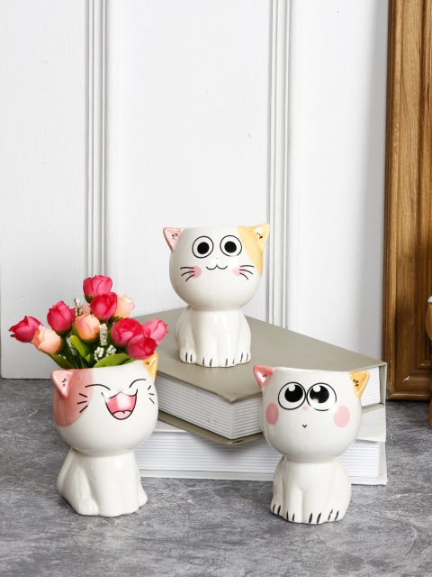 

Aapno Rajasthan Set Of 3 White Cat Figurine Ceramic Pots