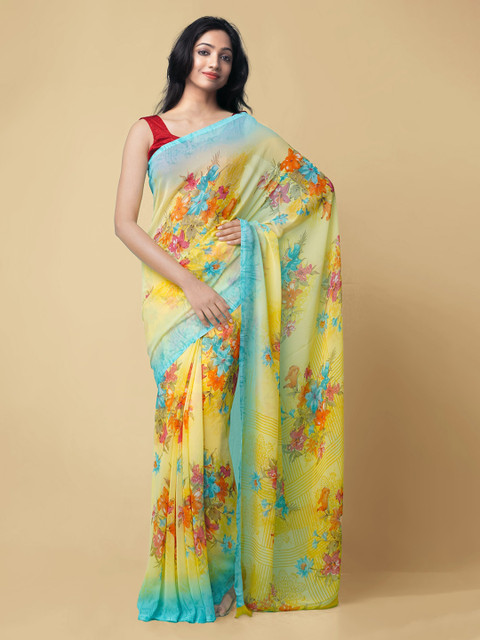 

Unnati Silks Yellow Pure Georgette Printed Block Print Saree