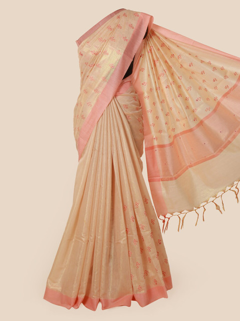 

Pothys Cream-Coloured & Peach-Coloured Tissue Embroidered Saree