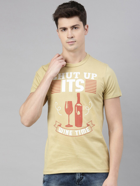 

QUANCIOUS Men Beige & Orange Printed Round Neck Organic Cotton Sustainable T-shirt