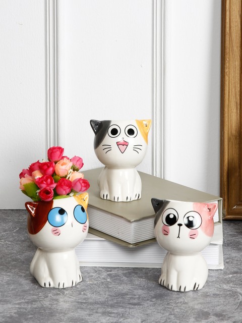 

Aapno Rajasthan White & Pink Set Of 3 Cat Figurine Ceramic Pots