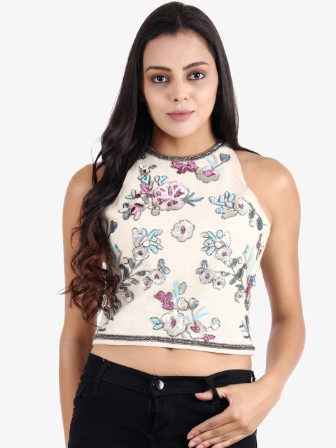 

Diwaah Off White Embellished Halter Neck Regular Crop Top