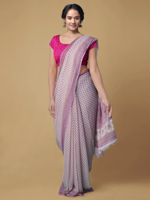 

Unnati Silks Cream-Coloured & Purple Pure Chiffon Printed Bhagalpuri Saree