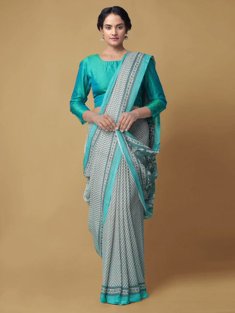 

Unnati Silks Cream-Coloured & Blue Pure Chiffon Printed Bhagalpuri Saree