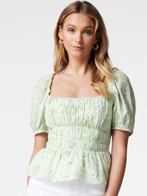 

Forever New Green Puff Sleeves Cinched Waist Top