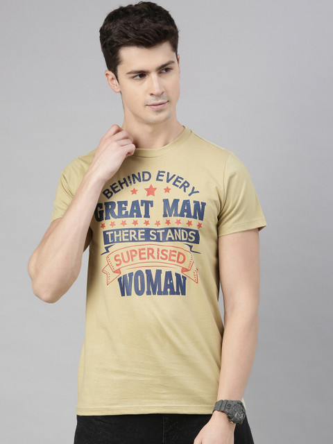 

QUANCIOUS Men Beige & Navy Blue Printed Round Neck Organic Cotton Sustainable T-shirt