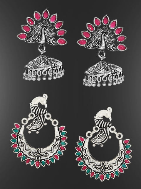 

OOMPH Set Of 2 Silver-Toned Oxidised Peacock Shaped Drop Earrings