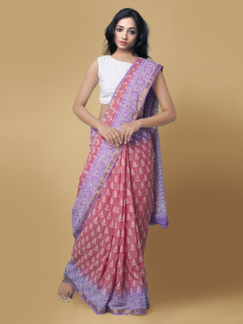 

Unnati Silks Pink & Lavender Pure Cotton Printed Block Print Handloom Saree