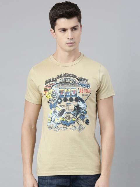 

QUANCIOUS Men Beige Printed Henley Neck T-shirt