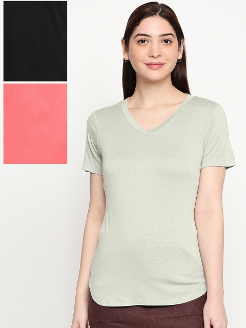 

inocenCia Women Pack of 3 Solid V-Neck T-shirt, Coral