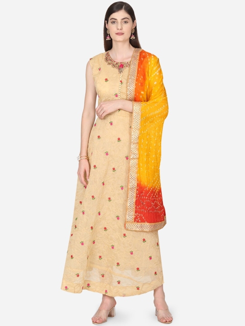 

BOMBAY SELECTIONS Women Beige & Yellow Embroidered Kurta with Churidar & Dupatta