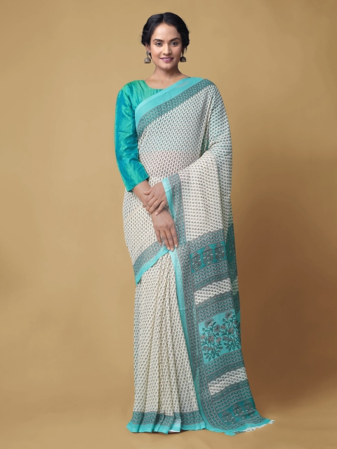 

Unnati Silks Cream-Coloured Pure Chiffon Solid Bhagalpuri Saree