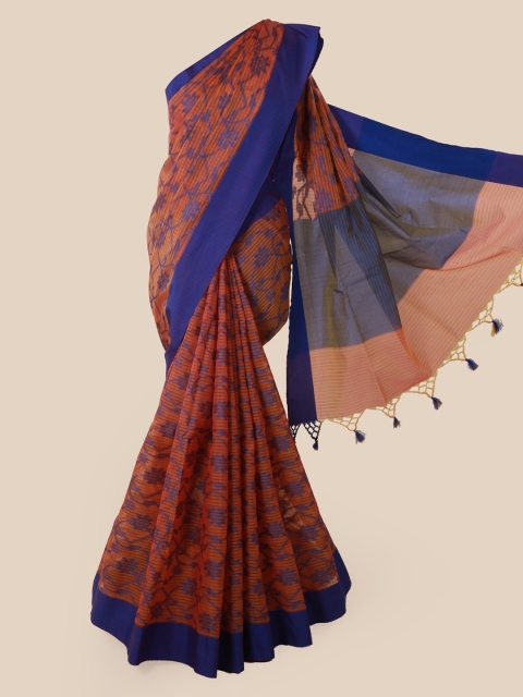 

Pothys Peach-Coloured & Blue Supernet Woven Design Saree With Tasseled Pallu