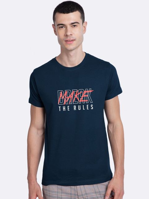 

Bewakoof Men Navy Blue Printed Round Neck Cotton T-shirt