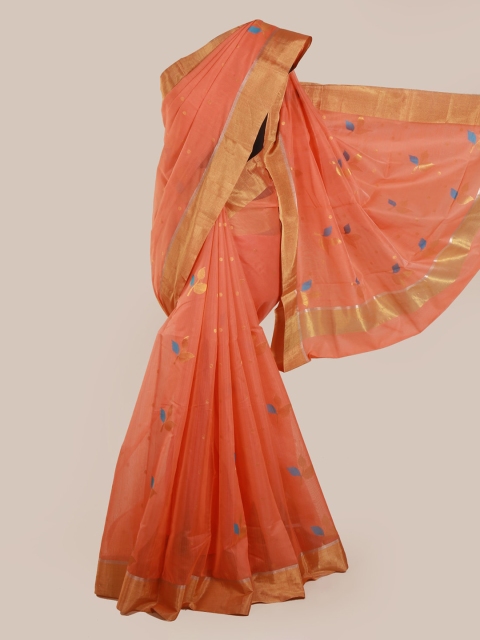 

Pothys Peach-Coloured & Gold-Toned Pure Silk Woven Design Kanjeevaram Saree