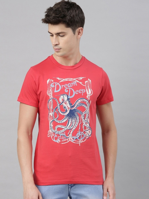 

QUANCIOUS Men Coral Printed Round Neck T-shirt