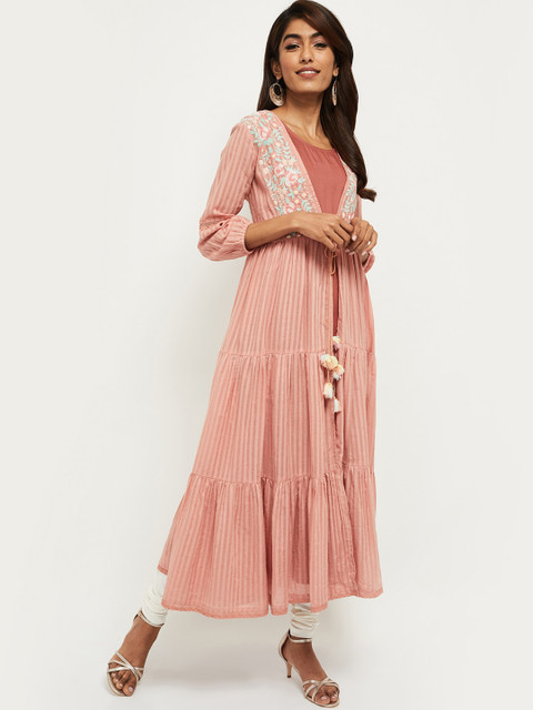 

max Women Peach-Coloured & White Yoke Design Thread Work Cotton Anarkali Kurta