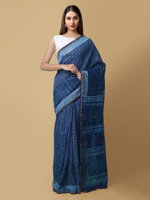 

Unnati Silks Blue & White Silk Cotton Printed Chanderi Handloom Saree