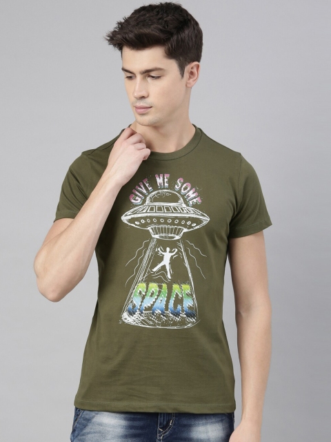 

QUANCIOUS Men Olive Green Printed Round Neck T-shirt