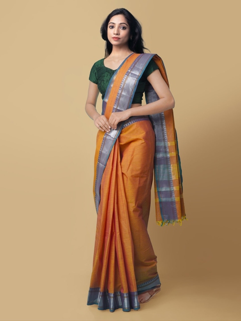 

Unnati Silks Orange Pure Cotton Solid Chettinad Saree