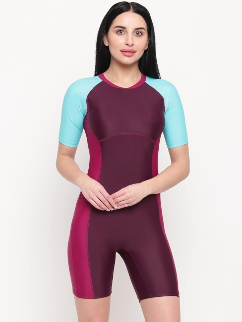 

iO Women Maroon & Blue Coloublocked Legsuit