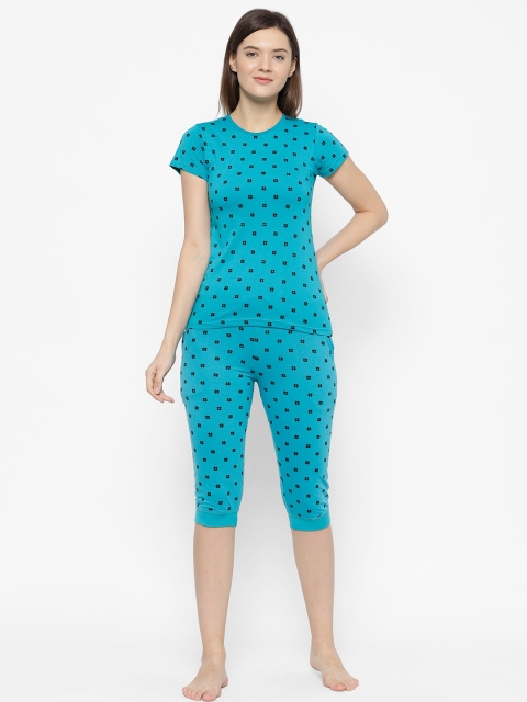 

VIMAL JONNEY Women Turquoise Blue & Black Printed Night Suit