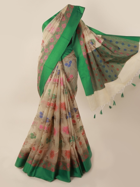 

Pothys Cream-Coloured & Green Supernet Woven Design Saree