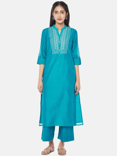 

RANGMANCH BY PANTALOONS Women Teal Green Embroidered Kurta with Palazzos