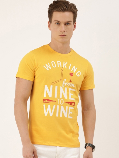 

QUANCIOUS Men Mustard Printed Round Neck T-shirt