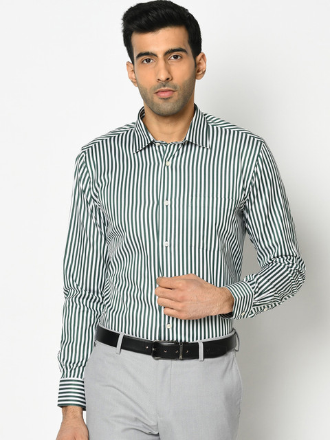 

Blackberrys Men Green & White Cotton Slim Fit Striped Formal Shirt